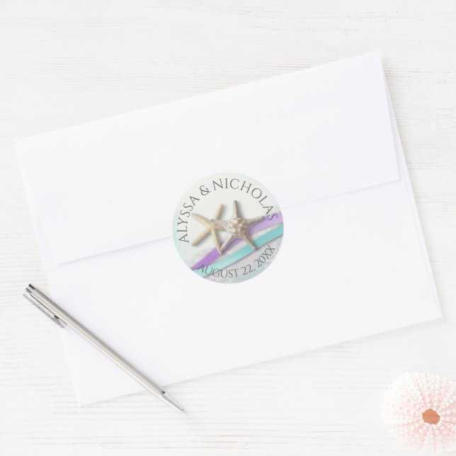 Starfish Ribbon and Lace Purple Wedding Classic Round Sticker (Envelope)