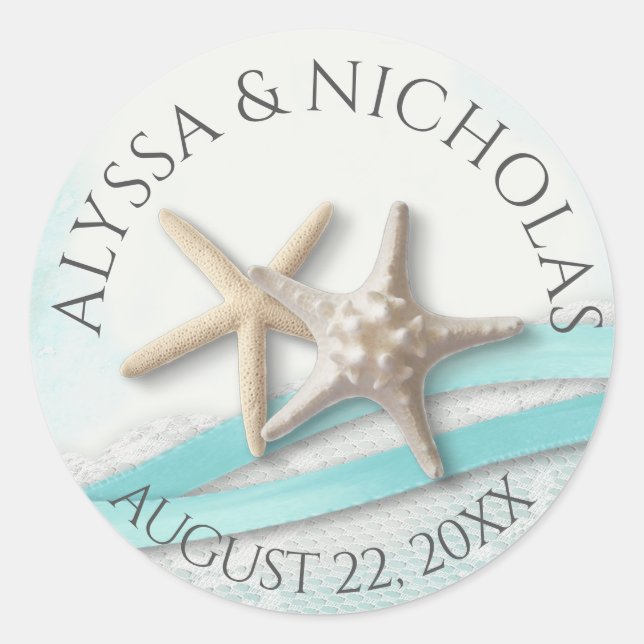 Starfish Ribbon and Lace Turquoise Wedding Classic Round Sticker (Front)
