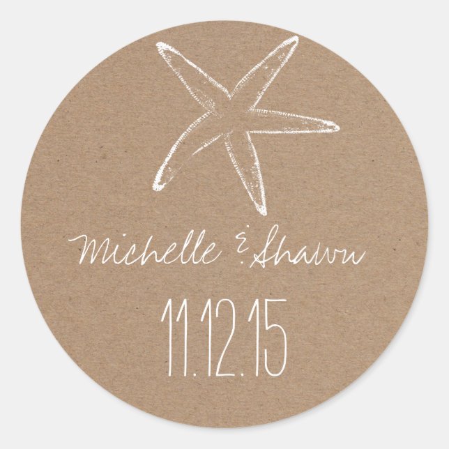 Starfish Rustic Kraft Paper Wedding Favour Classic Round Sticker (Front)