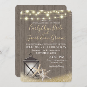 Starfish Rustic Ocean Drift Wood and Lights Invitation