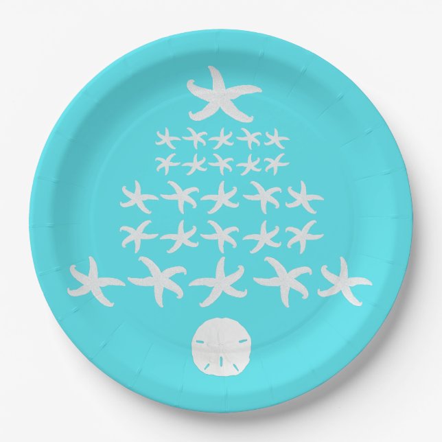 Starfish Sand Dollar Aqua Tropical Christmas Paper Plate (Front)