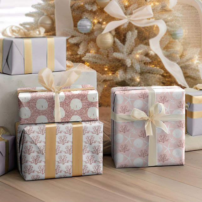 Starfish Sand Dollar Rose Gold Pink Christmas Wrapping Paper Sheet (Creator Uploaded)