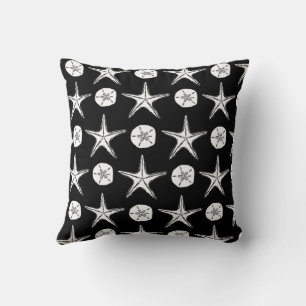 Starfish Sand Dollar Sketch Pattern On Black Throw Pillow