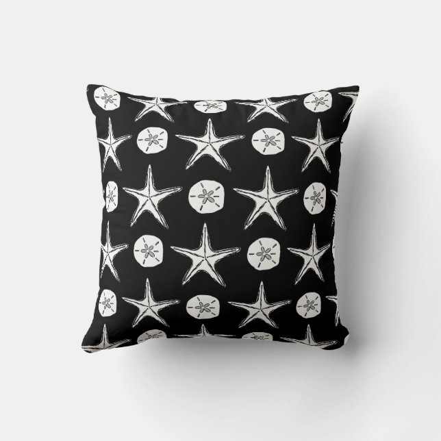 Starfish Sand Dollar Sketch Pattern On Black Throw Pillow (Back)