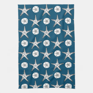 Starfish Sand Dollar Sketch Pattern On Ocean Blue Kitchen Towel