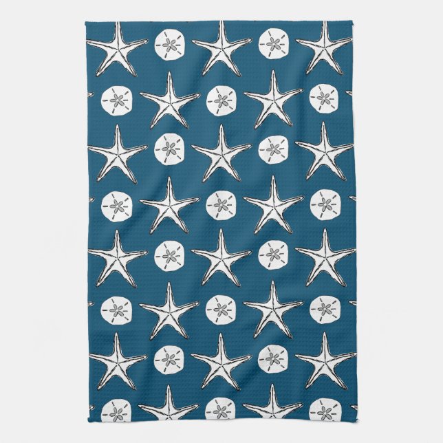 Starfish Sand Dollar Sketch Pattern On Ocean Blue Kitchen Towel (Vertical)
