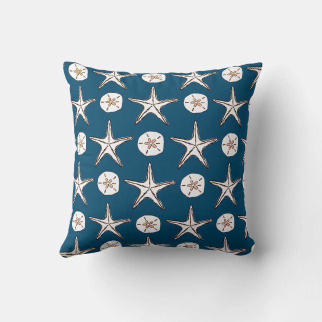 Starfish Sand Dollar Sketch Pattern On Ocean Blue Throw Pillow (Back)