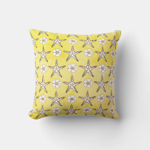 Starfish Sand Dollar Sketch Pattern On Yellow Throw Pillow