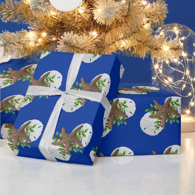 Starfish Sand Dollars Festive Blue Christmas Wrapping Paper (Holidays)