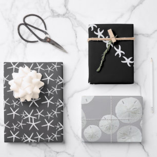 Starfish Sand Dollars Neutral Black Grey Wrapping Paper Sheet