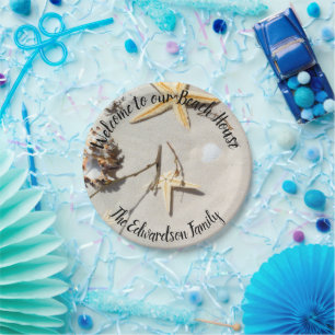 Starfish sand welcome to beach house family name paper plate