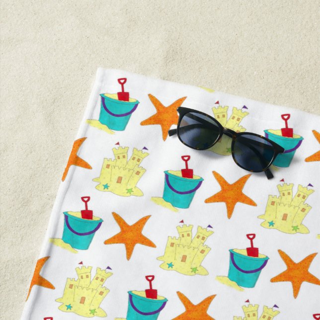 Starfish Sandcastle Beach Pail Summer Vacation Toy Beach Towel (In Situ)