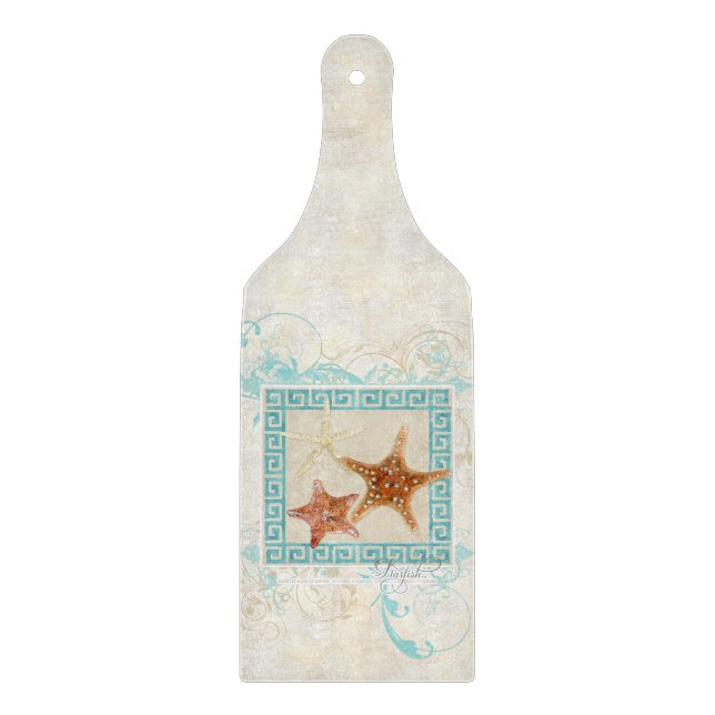 Starfish Sea Shells Ocean Greek Key Pattern Beach Cutting Board (Front)