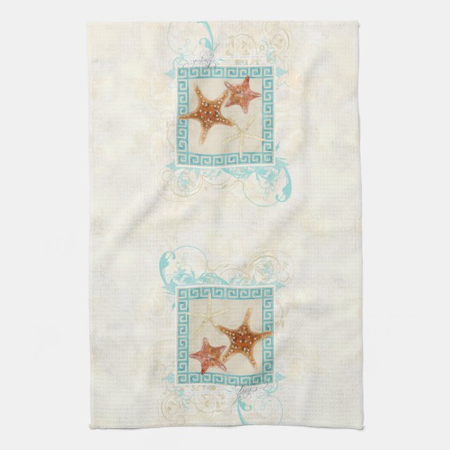 Starfish Sea Shells Ocean Greek Key Pattern Beach Kitchen Towel (Vertical)