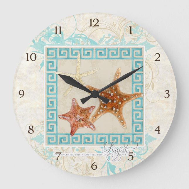 Starfish Sea Shells Ocean Greek Key Pattern Beach Large Clock (Front)