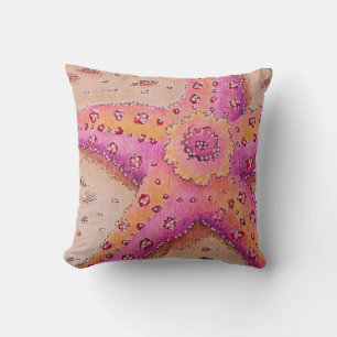 Starfish, sea star creature on sand, pretty animal throw pillow