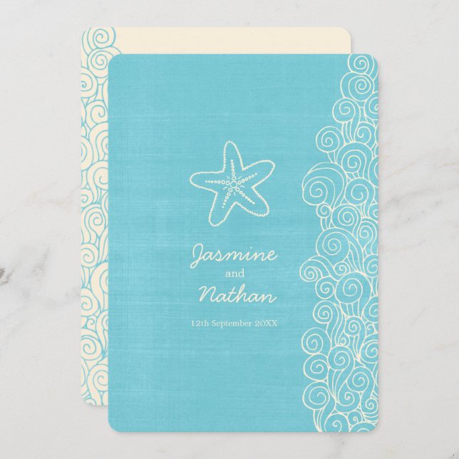 Starfish sea swirl aqua ivory beach wedding invitation (Front/Back)