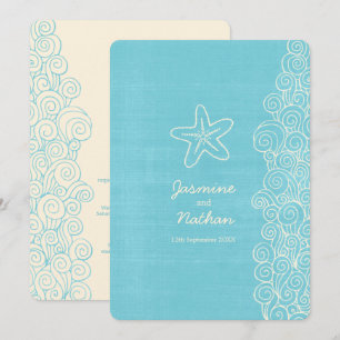 Starfish sea swirl aqua ivory beach wedding invitation