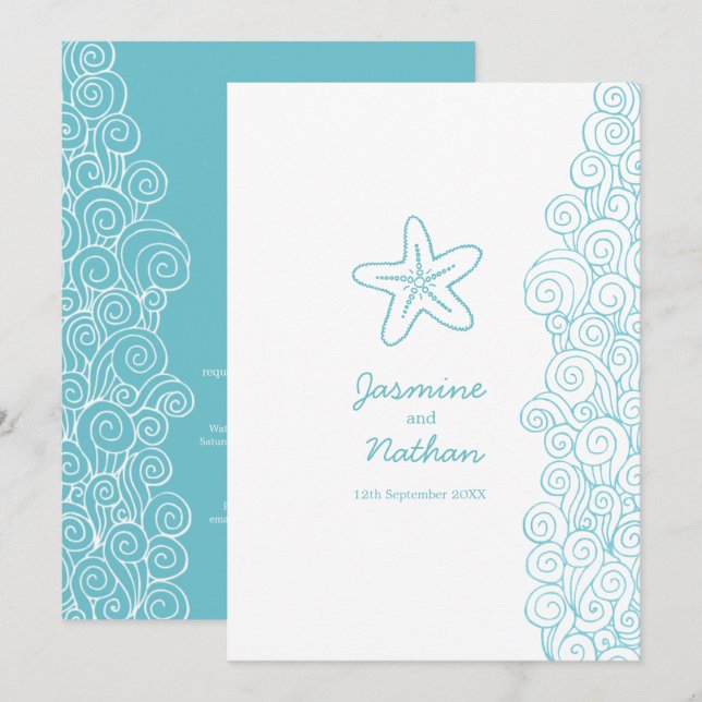 Starfish sea swirl aqua white beach wedding invitation (Front/Back)