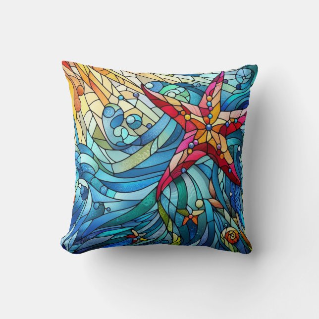 Starfish Seashell Beach Stained Glass Coastal Throw Pillow (Front)