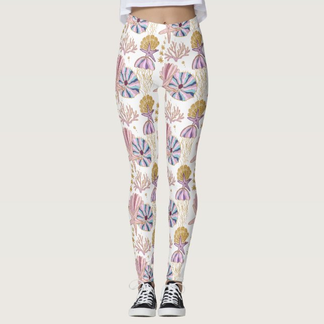 Starfish Seashell Blue Purple Pink Ocean Nautical  Leggings (Front)