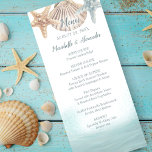 Starfish Seashell Nautical Ocean Wave Wedding Menu<br><div class="desc">Designed to coordinate with my Starfish Sea wedding collection, this nautical event menu features the bride and groom's names in gray-blue handwriting script, wedding date, your starter courses, entrees and desserts accented by hand-painted starfish, seashell and splashy ocean waves. Reverse side is a solid harbor blue. Perfect for nautical, beach,...</div>