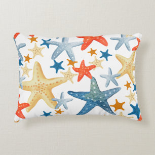 Starfish Seashell Pattern Blue Orange Coastal Accent Pillow