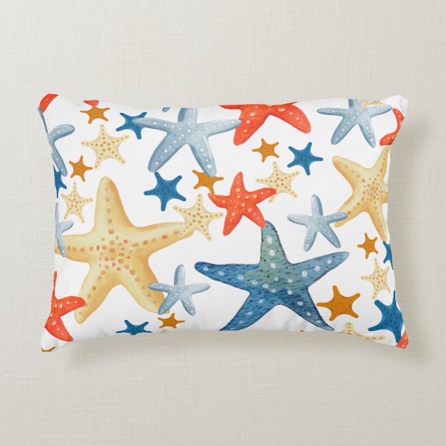Starfish Seashell Pattern Blue Orange Coastal Accent Pillow (Front)