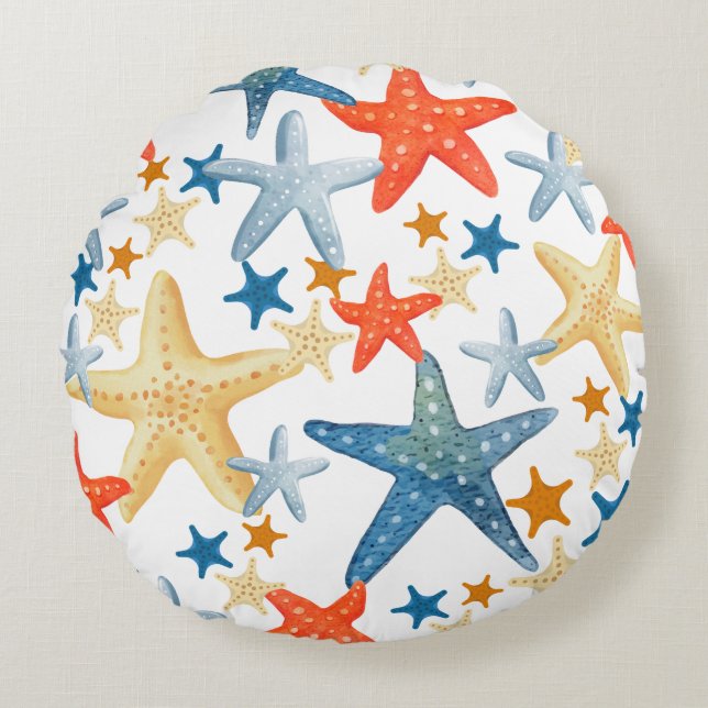 Starfish Seashell Pattern Blue Orange Coastal Round Pillow (Front)