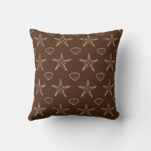Starfish Seashell Sketch Pattern On Dark Brown Throw Pillow