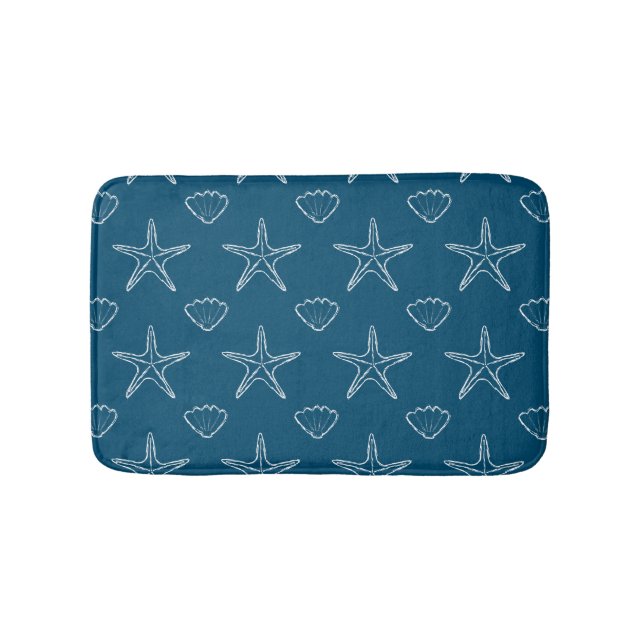Starfish Seashell Sketch Pattern On Ocean Blue Bath Mat (Front)