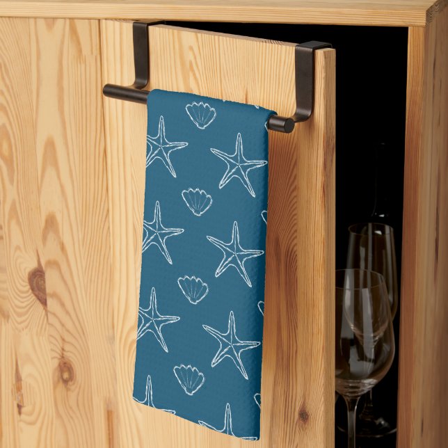 Starfish Seashell Sketch Pattern On Ocean Blue Kitchen Towel (Thirds Fold)