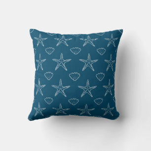Starfish Seashell Sketch Pattern On Ocean Blue Throw Pillow