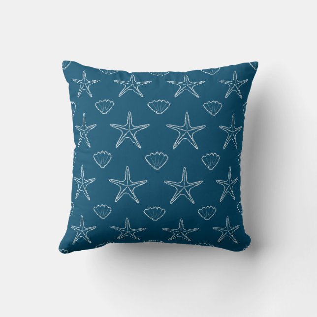 Starfish Seashell Sketch Pattern On Ocean Blue Throw Pillow (Back)