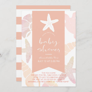 Starfish & Seashells Coral Pink Baby Shower Invitation