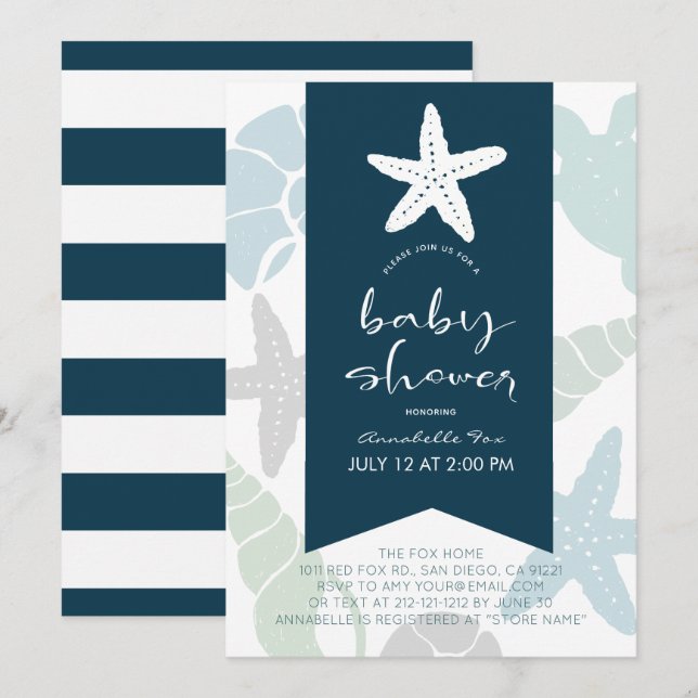 Starfish & Seashells Navy Blue Baby Shower Invitation (Front/Back)