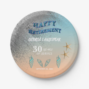 Starfish Seashells Silver Glitter Happy Retirement Paper Plate