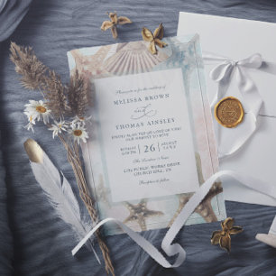 Starfish Seashells Tropical Beach QR Code Wedding Invitation