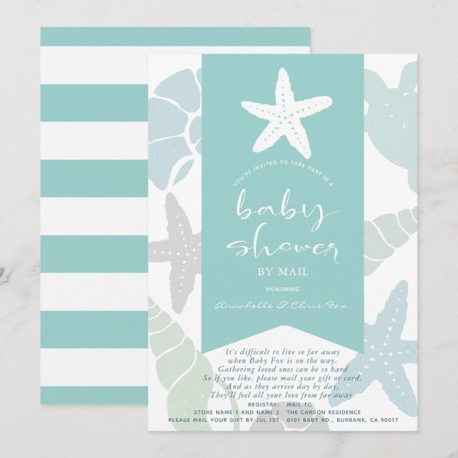 Starfish & Seashells Turquoise Baby Shower by Mail Invitation (Front/Back)