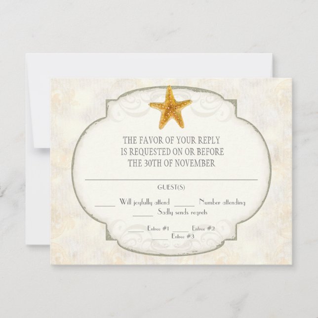 Starfish Shell Ocean Striped Pattern Damask Beach RSVP Card (Front)