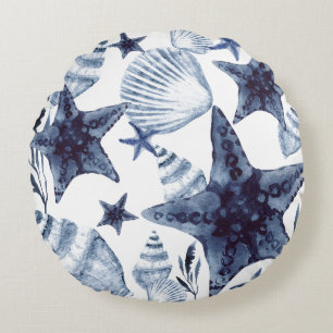 Starfish Shells Navy Blue And White Beachy Pattern Round Pillow