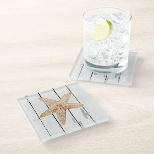 Starfish Shiplap Rustic Beach Decor Glass Coaster