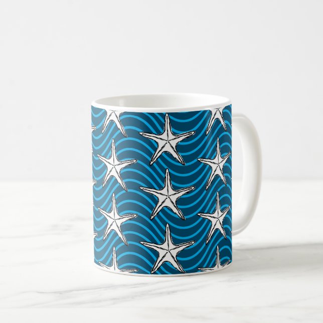 Starfish Sketch Blue Wave Patterns Coffee Mug (Front Right)