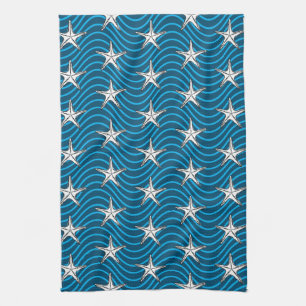 Starfish Sketch Blue Wave Patterns Kitchen Towel