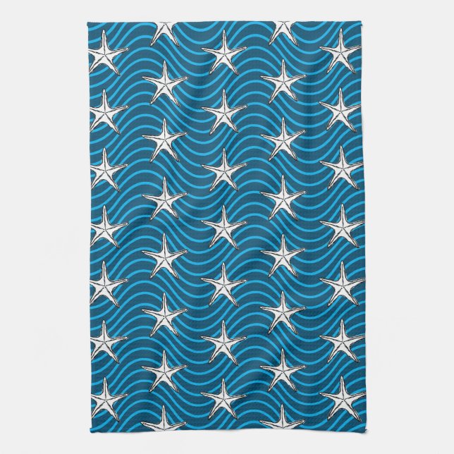 Starfish Sketch Blue Wave Patterns Kitchen Towel (Vertical)