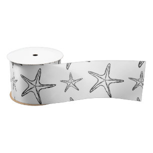 Starfish Sketch Custom Black and White  Satin Ribbon