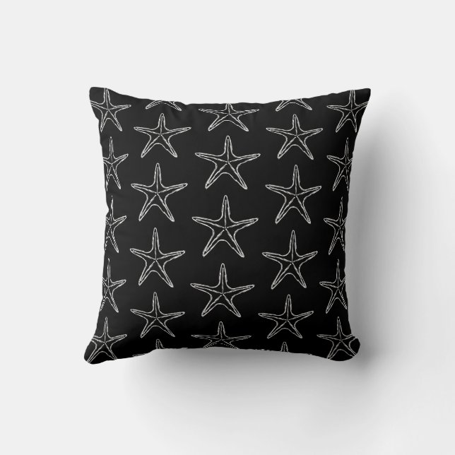 Starfish Sketch Pattern On Black Throw Pillow (Back)