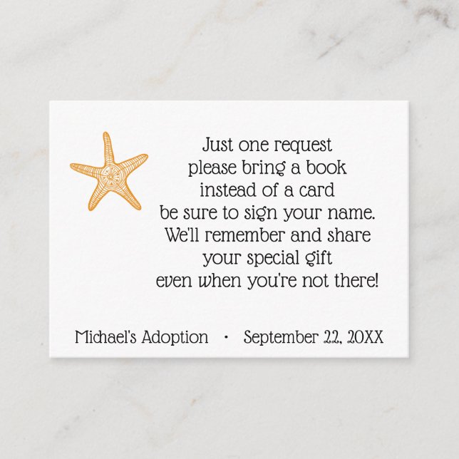 Starfish Story Adoption Party Book Request Enclosure Card (Front)