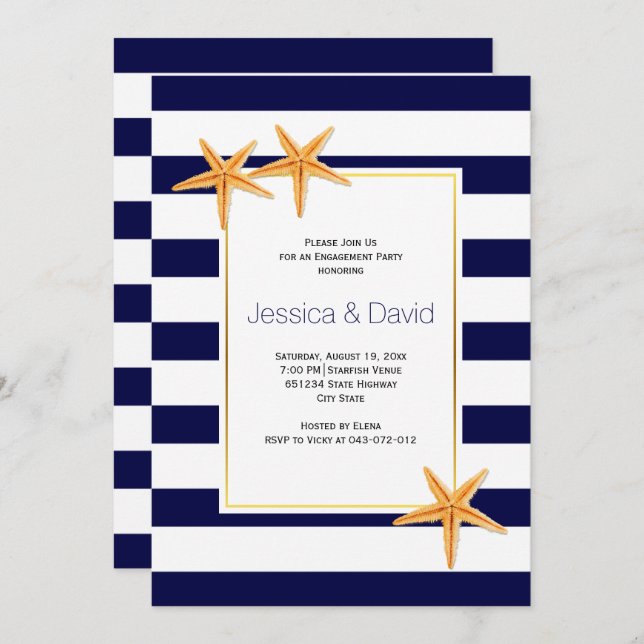 Starfish & stripes beach wedding engagement party invitation (Front/Back)