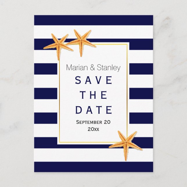 Starfish & stripes beach wedding Save the Date Announcement Postcard (Front)